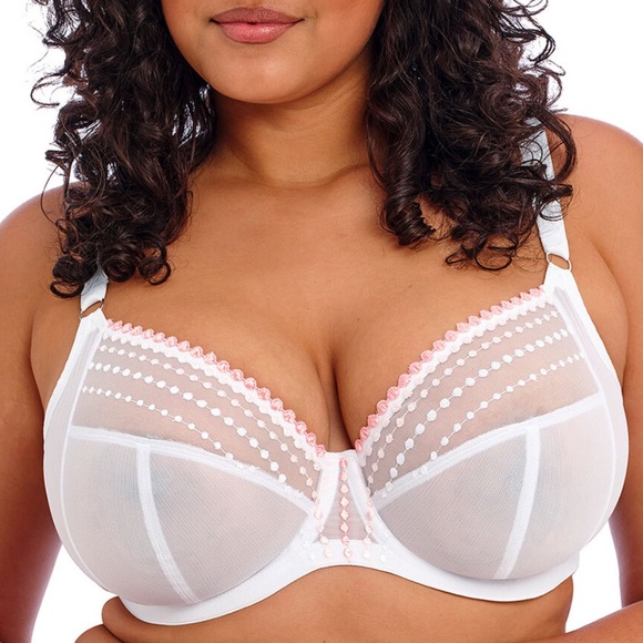 NEW Elomi Matilda Embroidered Dots Mesh Plunge Underwire Bra 8900 White & Pink - Picture 1 of 4